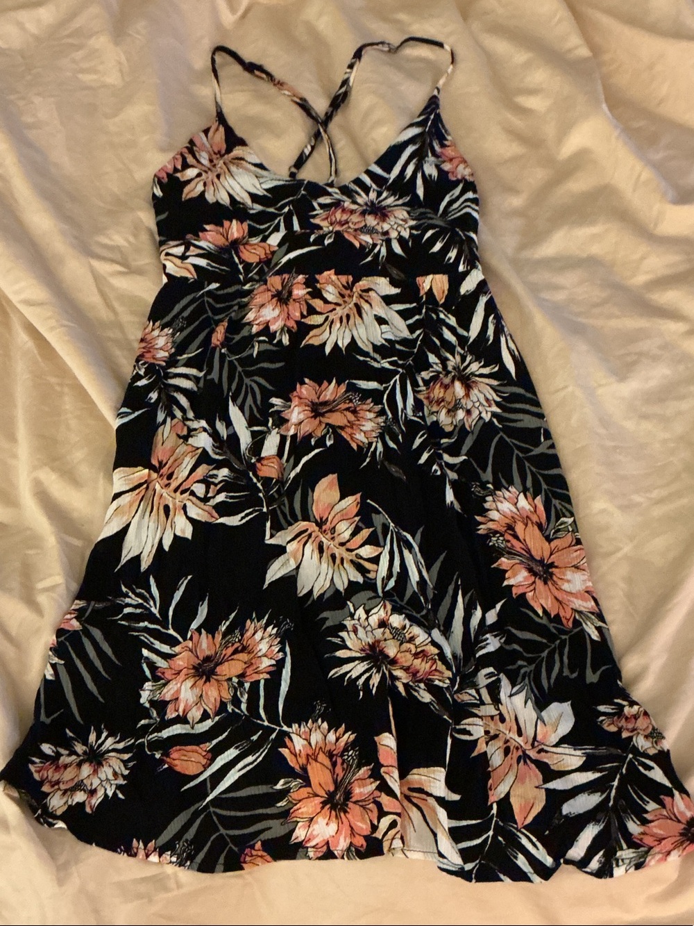 Rip Curl Black Mini Dress with Peach Floral Print